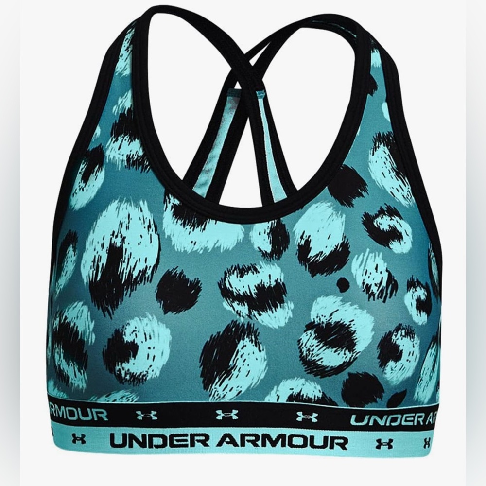 •UNDER AMROUR•BLACK & BLUE LEOPARD CRISS-CROSS KEY HOLE BACK SPORTS BRA SIZE YXL